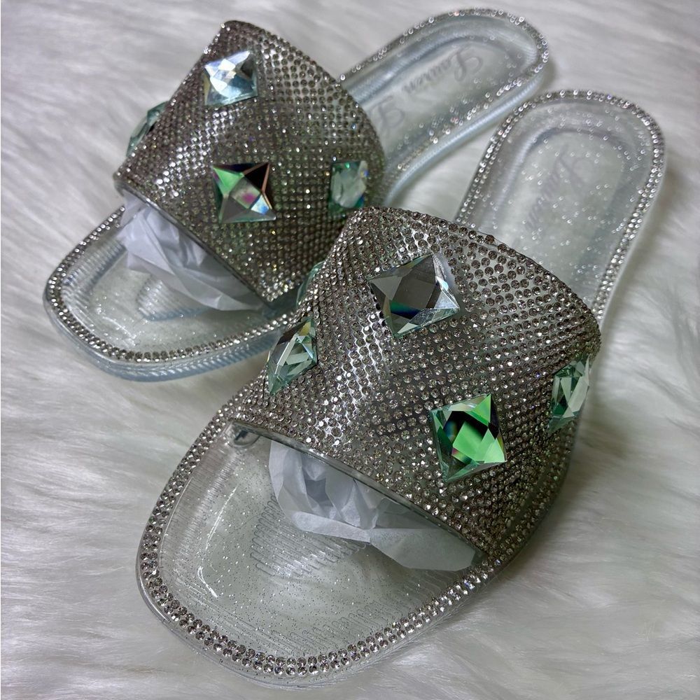 NIB Lauren Lorraine Bianca Clear Embellished Sparkle Slide Sandals
